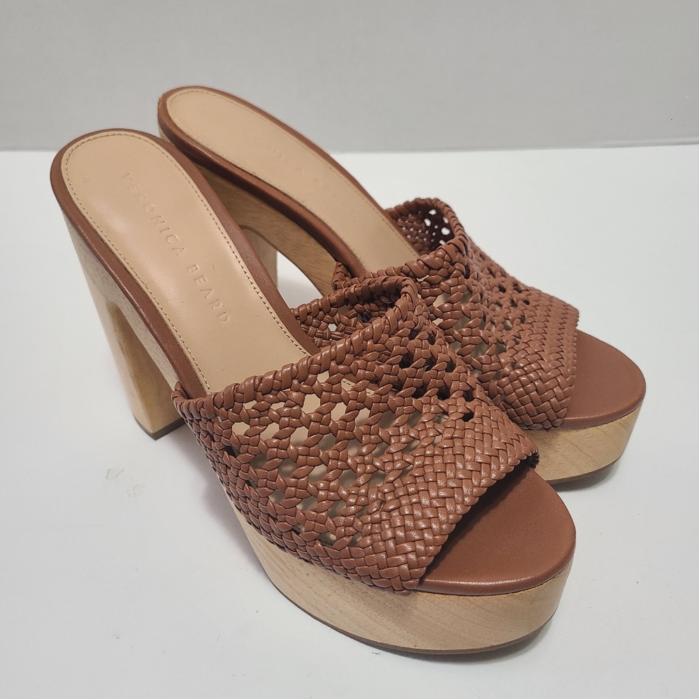Veronica Beard Guadalupe Woven Leather Wooden-Heel Mules Size 7.5
